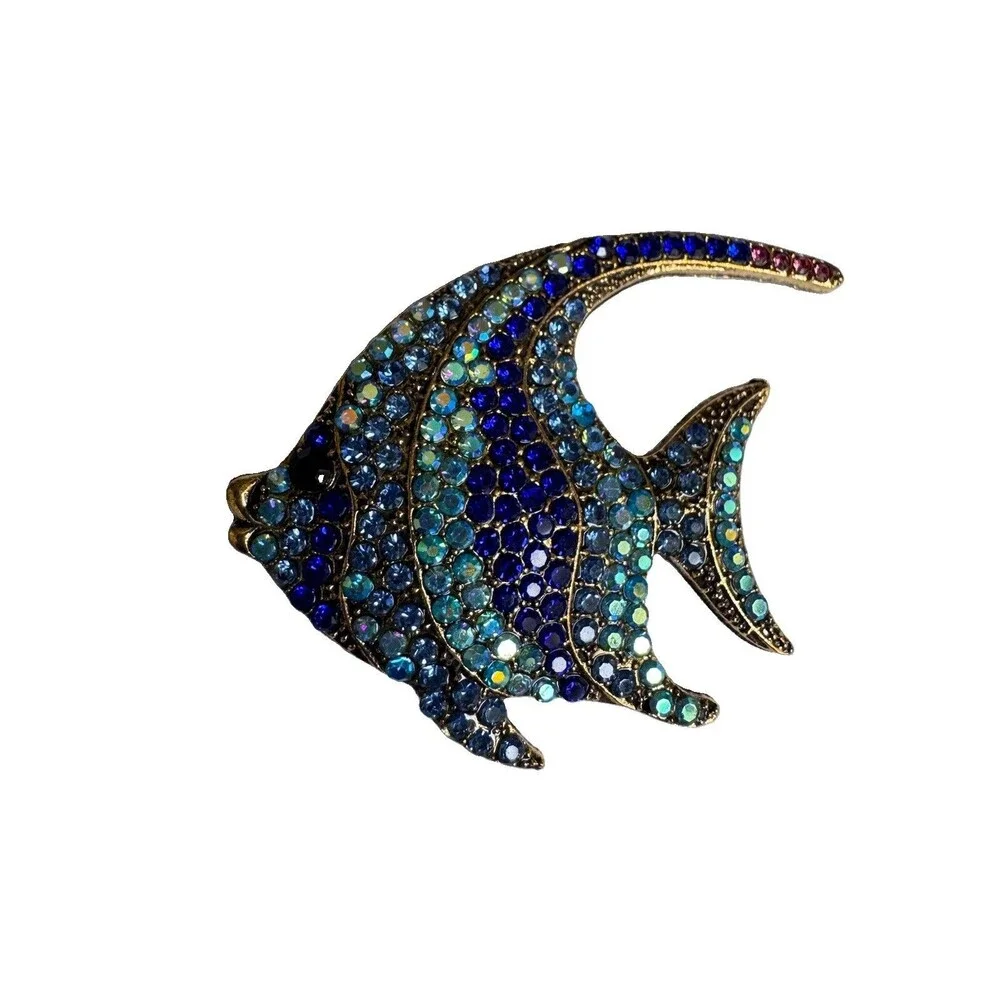 Blue Rhinestone Angelfish Brooch Pin Gold Tone Pave Crystal Sea Fish Jewelry